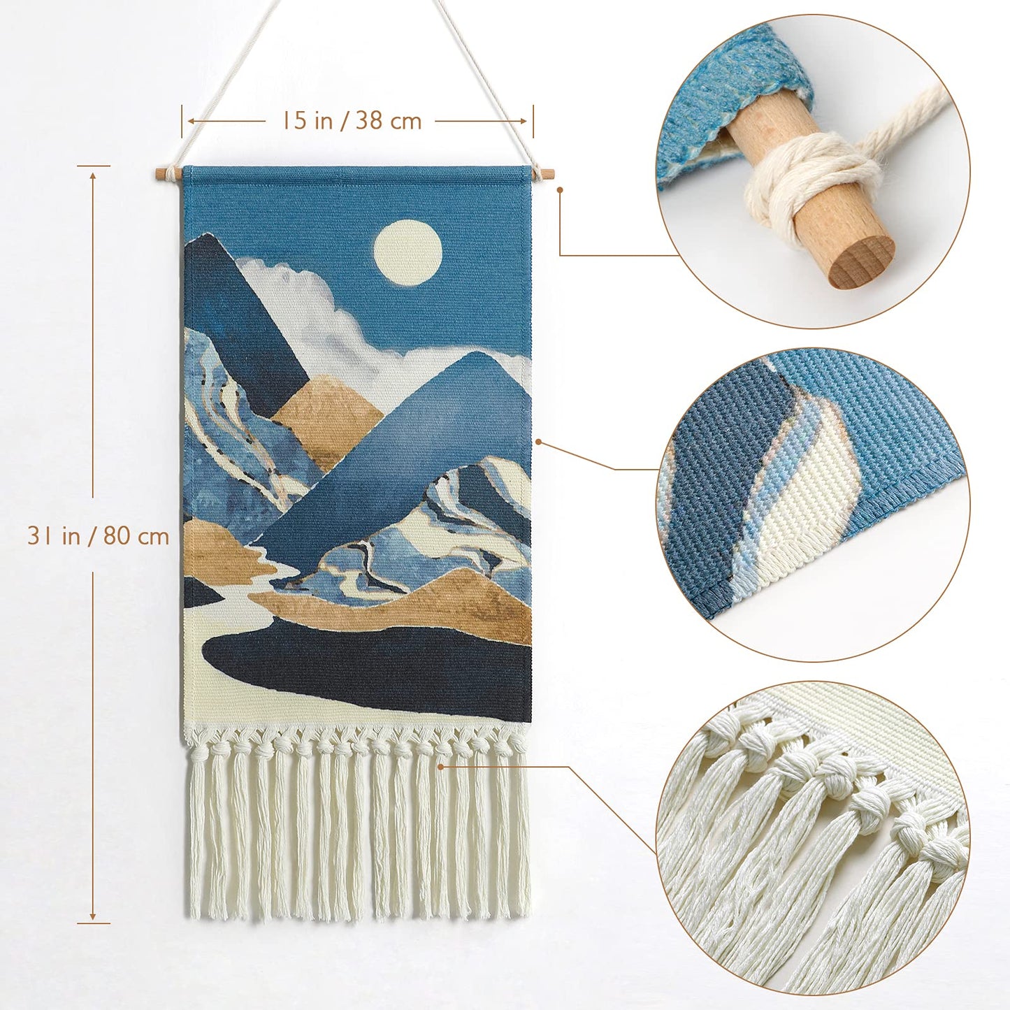 Alynsehom Macrame Woven Wall Hanging Tapestry Boho Wall Art Moon Mountain Chic Home Decor Bohemian Aztec Apartment Dorm Room Backdrop Decoration (Blue)