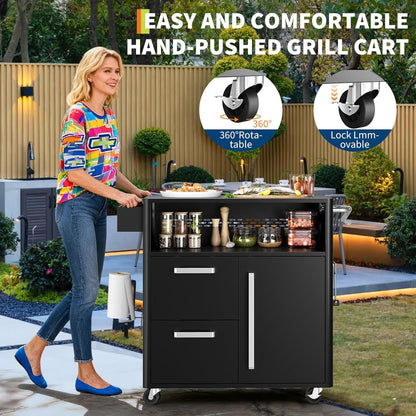 Mobile Outdoor Kitchen Cart - Premium Stainless Steel Prep Table with Single Door & Dual Drawers - Rolling BBQ Station w/ 2 Locking Wheels for Grilling & Serving