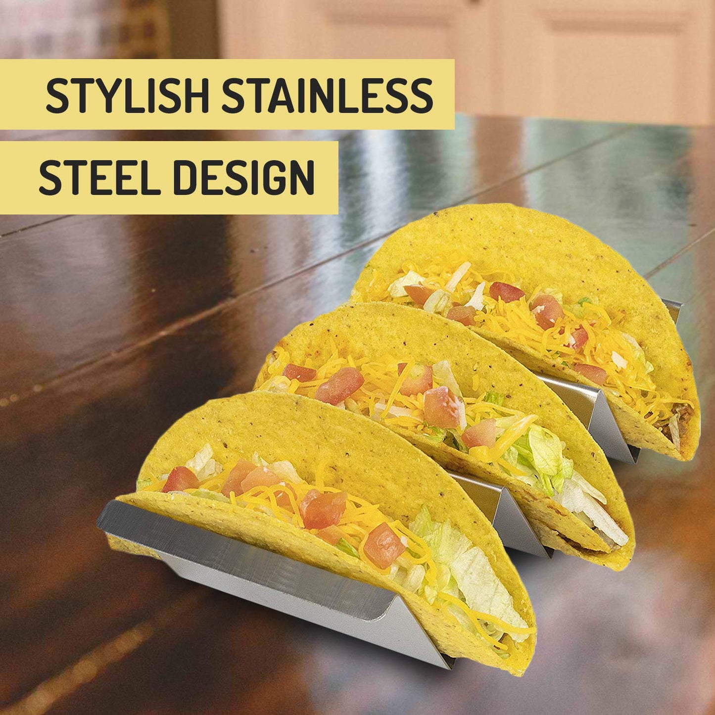 California Home Goods Taco Holders Stainless Steel Set of 4 - Taco Shell Holders - Taco Stainless Stand - Taco Baking Rack - Soft Taco Stand & Hard Taco Holder - Taco Shell Tray - Taco Tuesday Server