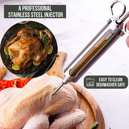 Professional Meat Injector Marinade Syringe Kit for Smoking & Grilling Turkey, Brisket & BBQ - Large 2 Oz Visible Stainless Steel Capacity - Never Leaks or Clogs + Safe Grill Cleaner & Flavor Brush