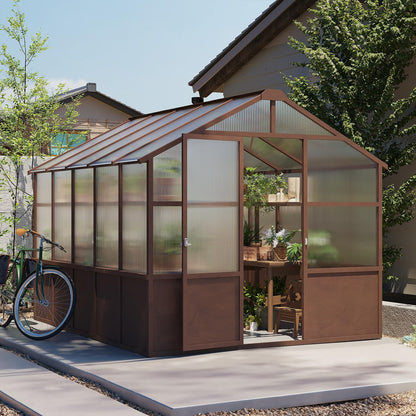 8x10 FT Outdoor Wood Greenhouse, Heavy Duty Solid Pine Wooden Walk-in Green House with 6MM Thick Polycarbonate Panels, Adjustable Roof Vents and Lockable Door, Garden House for Backyard Patio Lawn