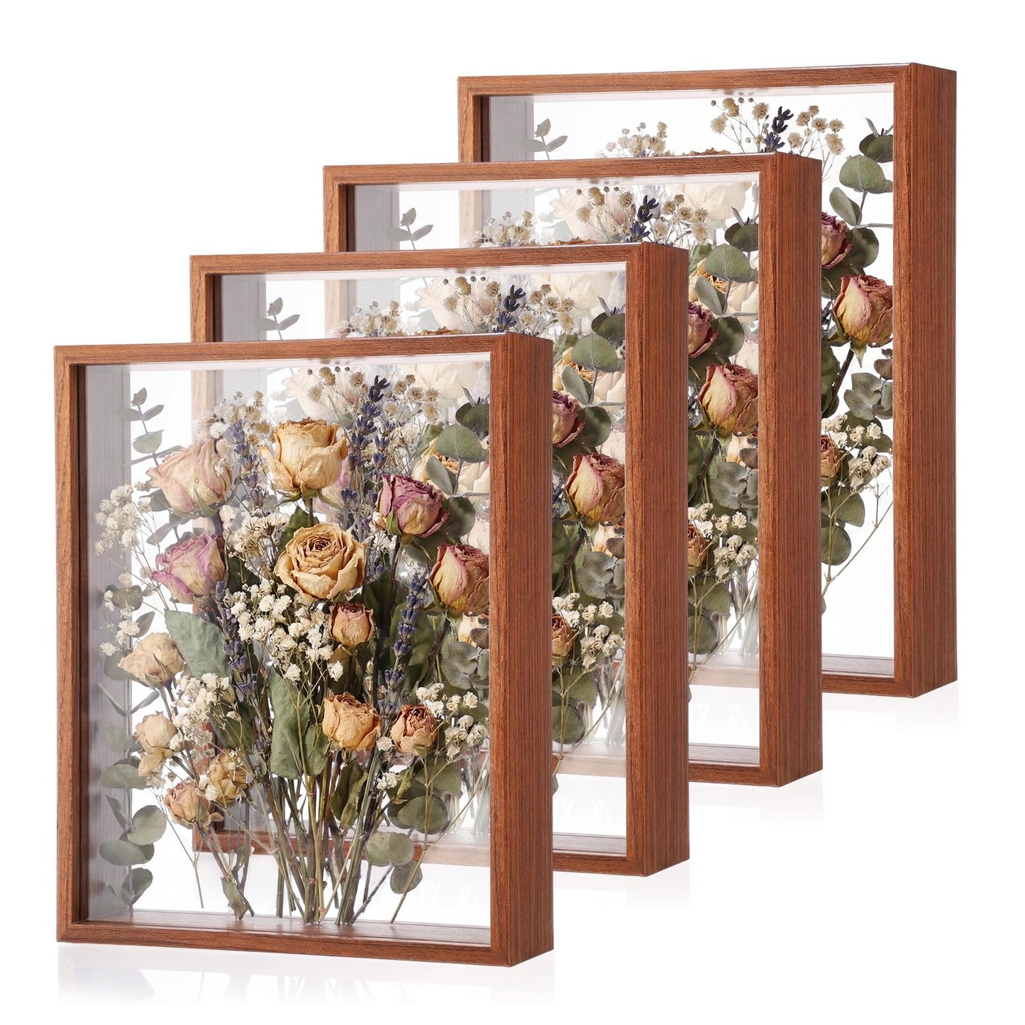 Wenqik 4 Pack 8 x 10 Shadow Box Frame Transparent Shadowbox Display Case Wood Deep Picture Frame with Soft Felt Back for Photos Dried Flowers Memorabilia Handicrafts Keepsake(Walnut)