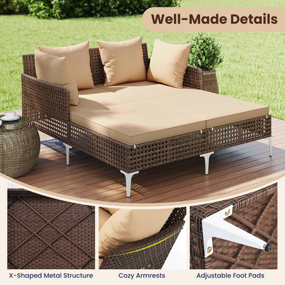 Tangkula Outdoor Rattan Double Daybed, Boho Wicker Chaise Lounge for 2 with Seat & Back Cushions, Outdoor Sunbed Loveseat with Metal Support for Backyard, Poolside & Deck (Brown)