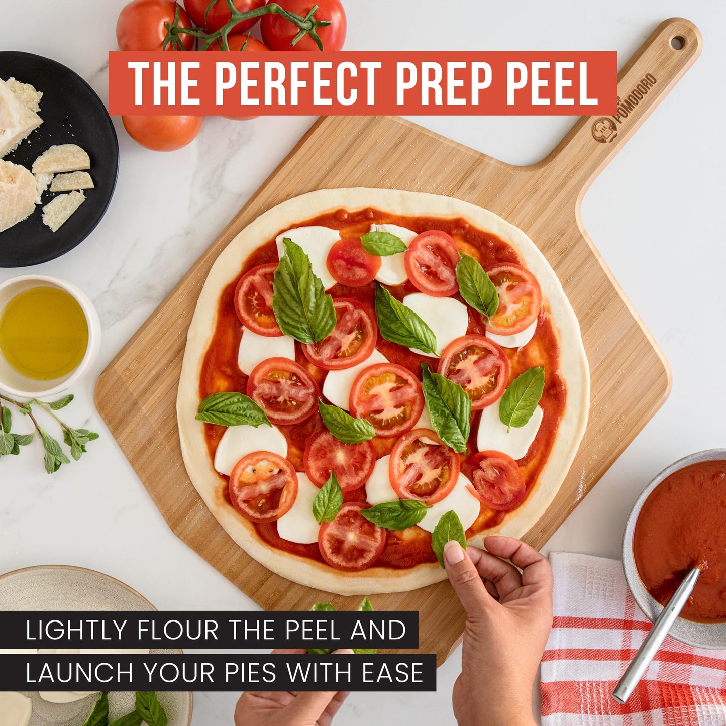 Chef Pomodoro Wooden Pizza Peel 16 Inch, Durable Bamboo Baking Tool, Slider Paddle, Wood Cutting Board, Baking Spatula for Preparing, Launching and Serving Pizza, Bread, Cheese Boards and More