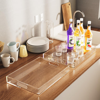 Collwait 2 Pack Serving Tray with Handles, Clear Acrylic Tray for Serving Food, Large Outdoor Food Trays for Eating, Lucite Acrylic Trays for Appetizer, Pizza, Fruit and Drinks, Unbreakable, 16"×12"