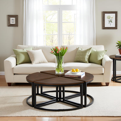 Alaterre Furniture Arcadia Round Acacia Wood Nesting Tables – 4-Piece Modular Wedge Coffee Table Set with Industrial Metal Legs – Living Room Accent Tables with Space-Saving Design (Antiqued Mocha)