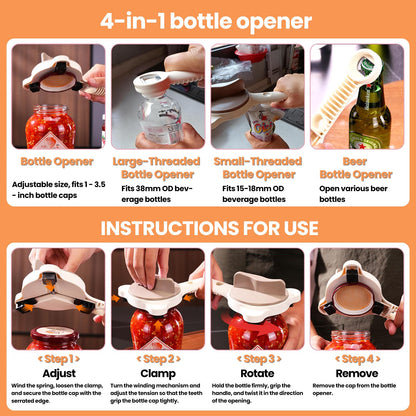 XINARIO 4-in-1 Jar Opener for Seniors, Weak Hands & Arthritis, Adjustable Gripper for 1"-3.5" Lids, Opens Jars, Bottles & Beer Caps, with 3 Non-Slip Mats & 2 Hooks for Wet Hands, Easy Kitchen Gadget