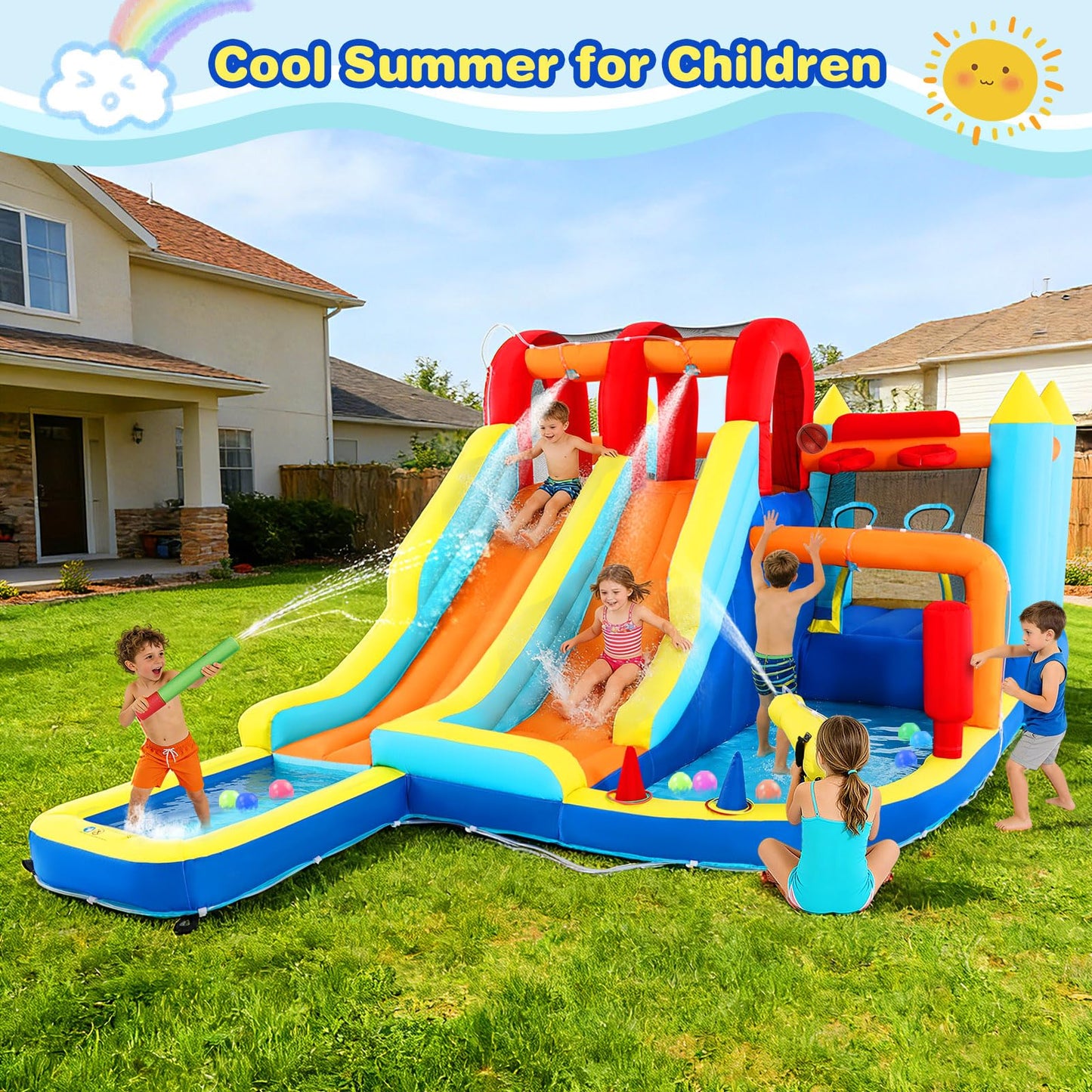 JOYLDIAS Inflatable Water Slide Park, Giant Bounce House with 450W Blower, Climbing Wall, Dual Basketball Hoops & Ring Toss Games - Outdoor Backyard Jumper for Kids Ages 3+