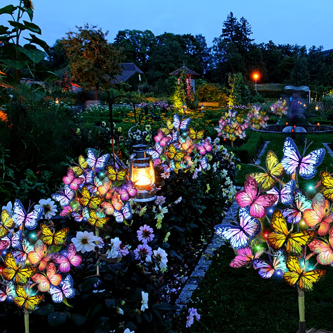 Adecorty Solar Garden Lights Outdoor Waterproof Decorative Solar Lights Outdoor 2 Pack with 44 LED 34 Butterfly Flower Garden Decor Yard Patio Lawn, Gifts for Mother's Day Mom Women