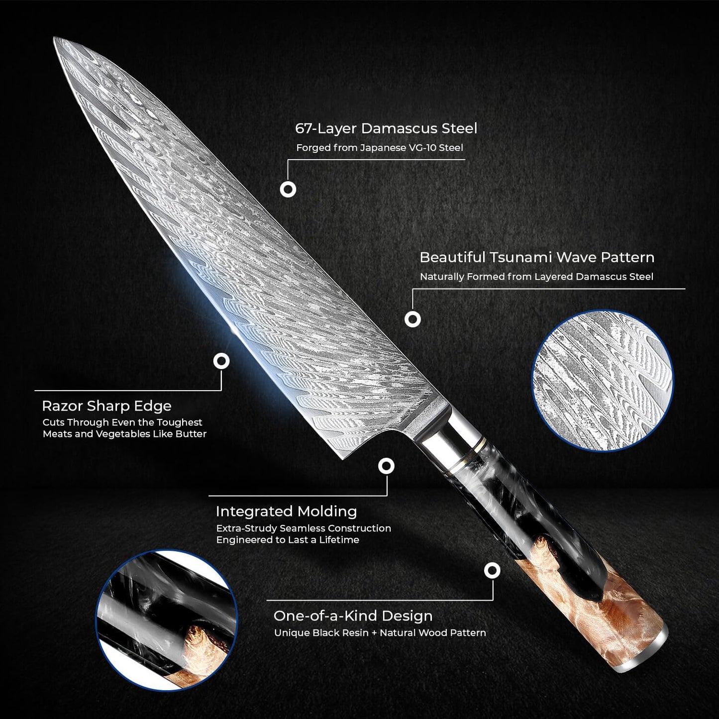 SENKEN 15-Piece Damascus Knife Block Set - Black Tsunami Collection - Japanese Chef Knife Set with 67-Layer Japanese VG10 Steel Blades (15-Piece Knife Block Set)