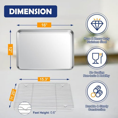 Joyfair Stainless Steel Baking Sheet Pan Set - 16 Inch Tray with Cooling Rack | Rust-Free & Dishwasher Safe