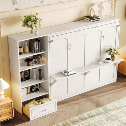 Murphy Bed Queen,Murphy Bed with Height Adjustable Storage Compartments and Shelf,Wall Bed Frame w/ 1 Drawer, Multifunctional Foldable Platform Bed for Bedroom,Guest Room,White