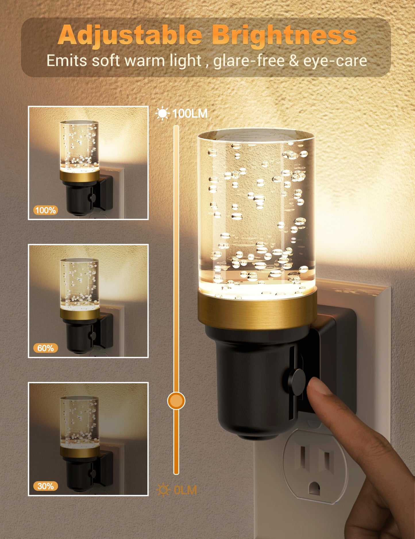 JandCase LED Night Light, Dimmable Night Lights Plug into Wall, Modern Nightlight with Auto On Off Light Sensor, 3000K Soft White Night Light 0-100LM Brightness for Bathroom Hallway Bedroom Decor