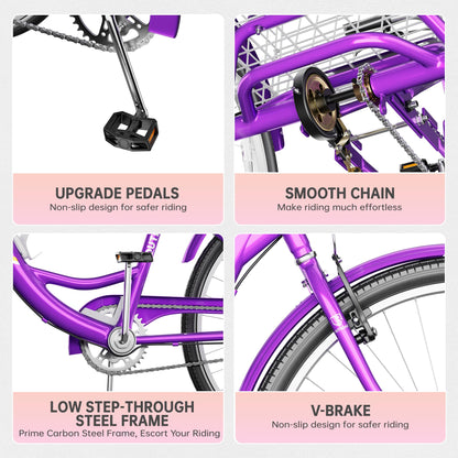 MarKnig Adult Tricycle, 24 Inch 3 Wheel Bikes with Large Basket, Cruiser Bike for Women/Men/Seniors, Adult Trike for Outdoor/Shopping/Recreation/Picnic (Purple)