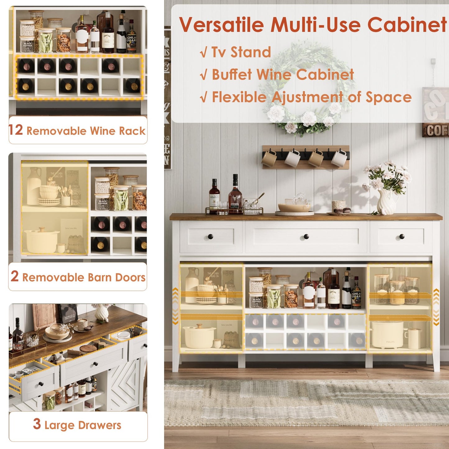 IDEALHOUSE 59'' Farmhouse Buffet Cabinet with Sliding Barn Door, 33.4'' Tall Wood Rustic Sideboard with 3 Drawer, Adjustable Shelf and Removable Wine Rack for Dining Room, Kitchen, White