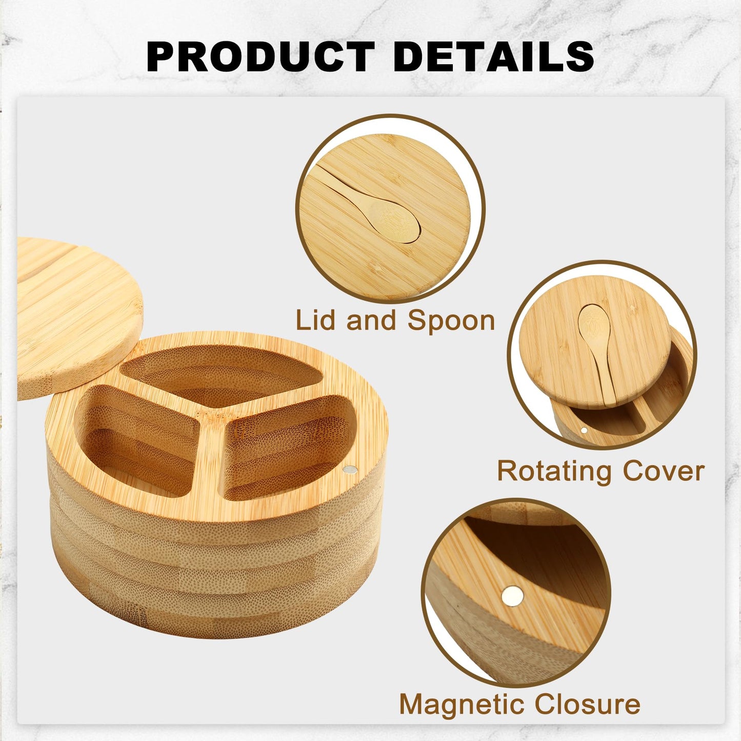 Dvehdbay Salt Cellar - Salt Container Holder with Swivel Magnetic, 3 Compartment Salt Cellar with Lid and Spoon Holder, Wood Bowl Box, Salt and Pepper Bowls with Swivel Lid to Storage, 6OZ
