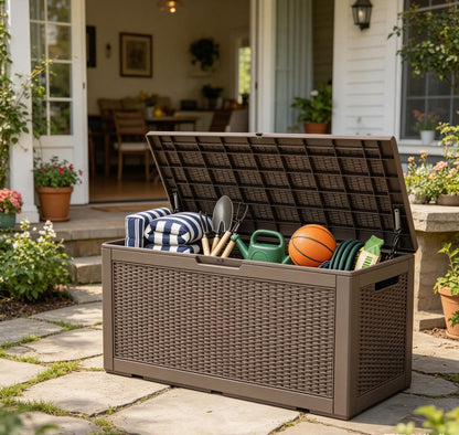 LAUSAINT HOME 320 Gallon Resin Deck Box, Package Delivery Box with Lockable Lid, Waterproof Outdoor Storage Box For Garden Tools, Patio Cushions(320 Gallon,Brown)
