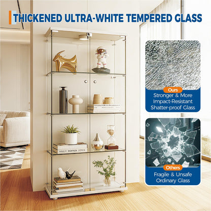 GarveeHome 4 Shelves Display Cabinet, Tempered Glass Curio Showcase with LED Light & Lock, Double Doors Storage Cabinet for Living Room Bedroom Office, White, 64x31.7x14.3 Inch