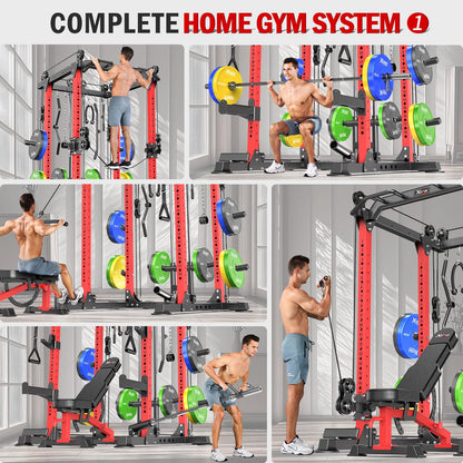 Power Rack Power Cage Multi-Function Squat Rack with Cable Crossover System Selectable More Training Attachment Power Rack for Garage & Home Gym (Red, D Set L02+Weight Bench+（Pole+Cast Iron） 248LBS)
