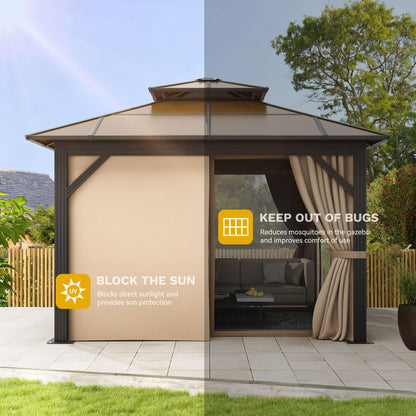 DWVO 10x10ft Gazebo Hardtop Double Roof Polycarbonate Canopy Outdoor with Netting and Shaded Curtains, Metal Frame Garden Tent for Patio, Backyard, Deck and Lawns, Brown