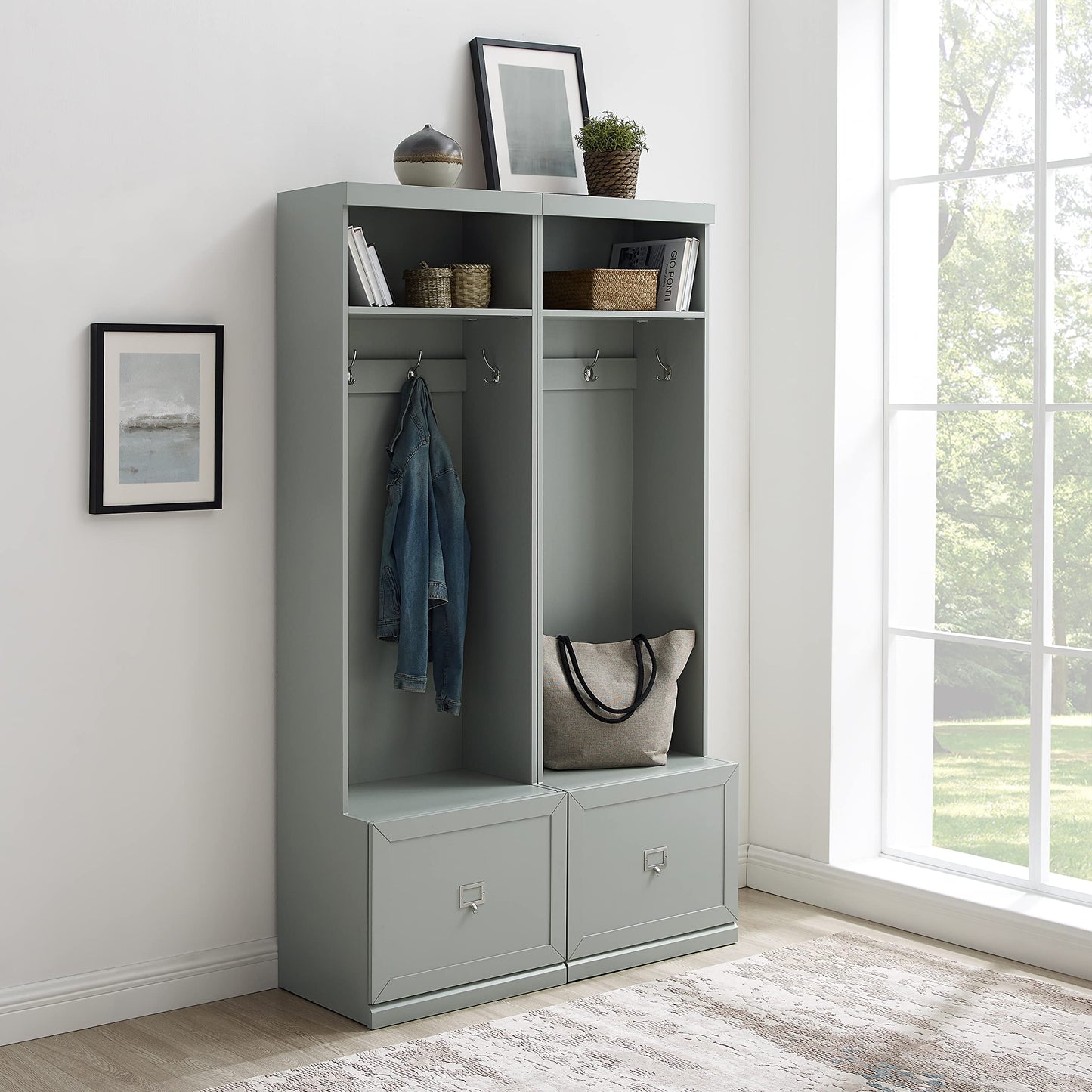 Crosley Furniture Harper 2-Piece Hall Tree Entryway Set with Storage Bench and Coat Rack Hooks for Hanging, Gray