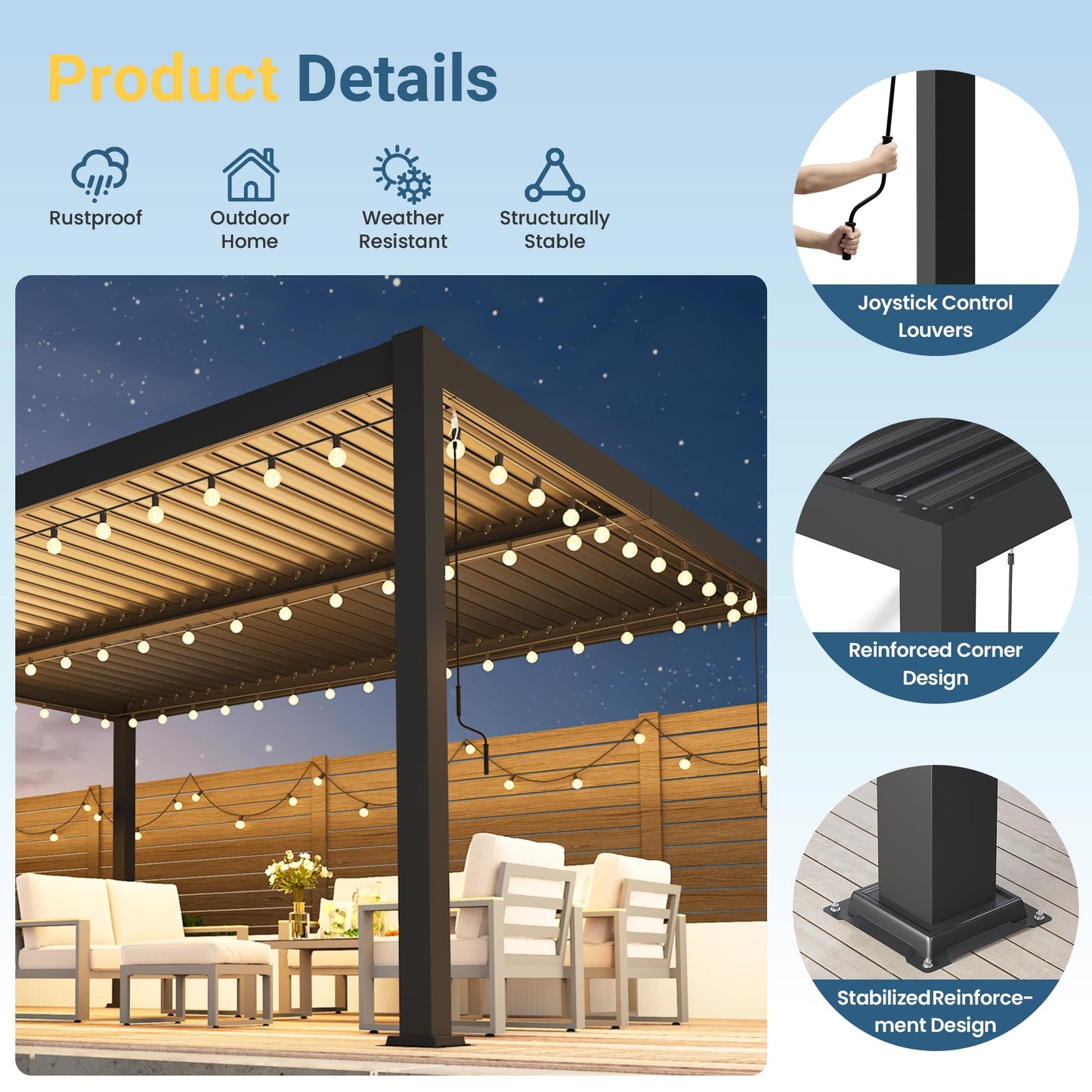 12' x 16' Louvered Pergola, Metal Outdoor Pergola with Adjustable Louvered Roof & Gutter System, Hardtop Patio Gazebo for Backyard, Deck, Garden, Dark Gray
