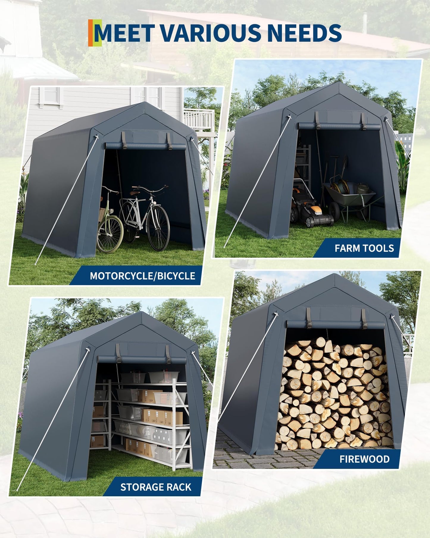 7 x 10 Ft Carport Portable Storage Shed Outdoor Tarp Sheds with Roll-Up Door, Bike Shed ATV Storage Tent for Motorcycle, Car, Garden Tools Grey