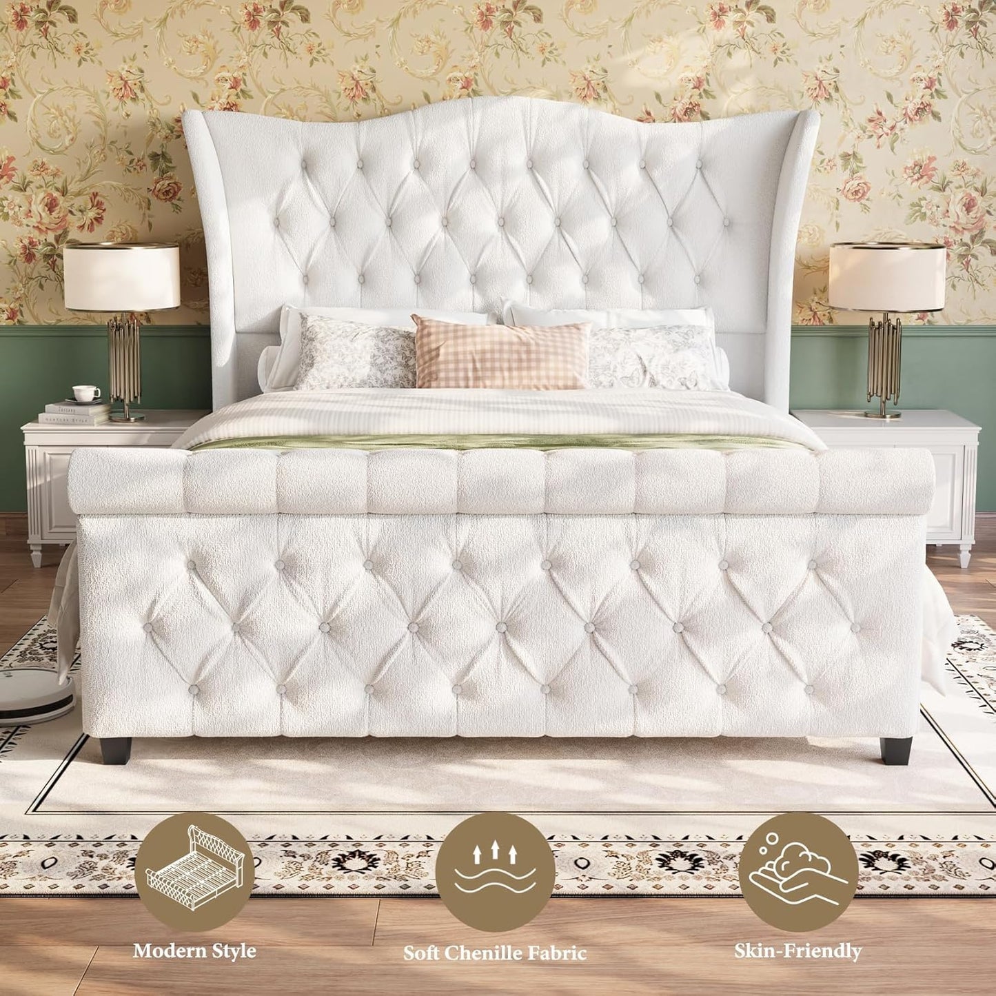 koorlian King Size Bed Frame,Chenille Upholstered Sleigh Bed with Scroll Wingback Headboard & Footboard,Luxury & Soft Button Tufted Modern Bed,Easy Assembly,No Box Spring Needed