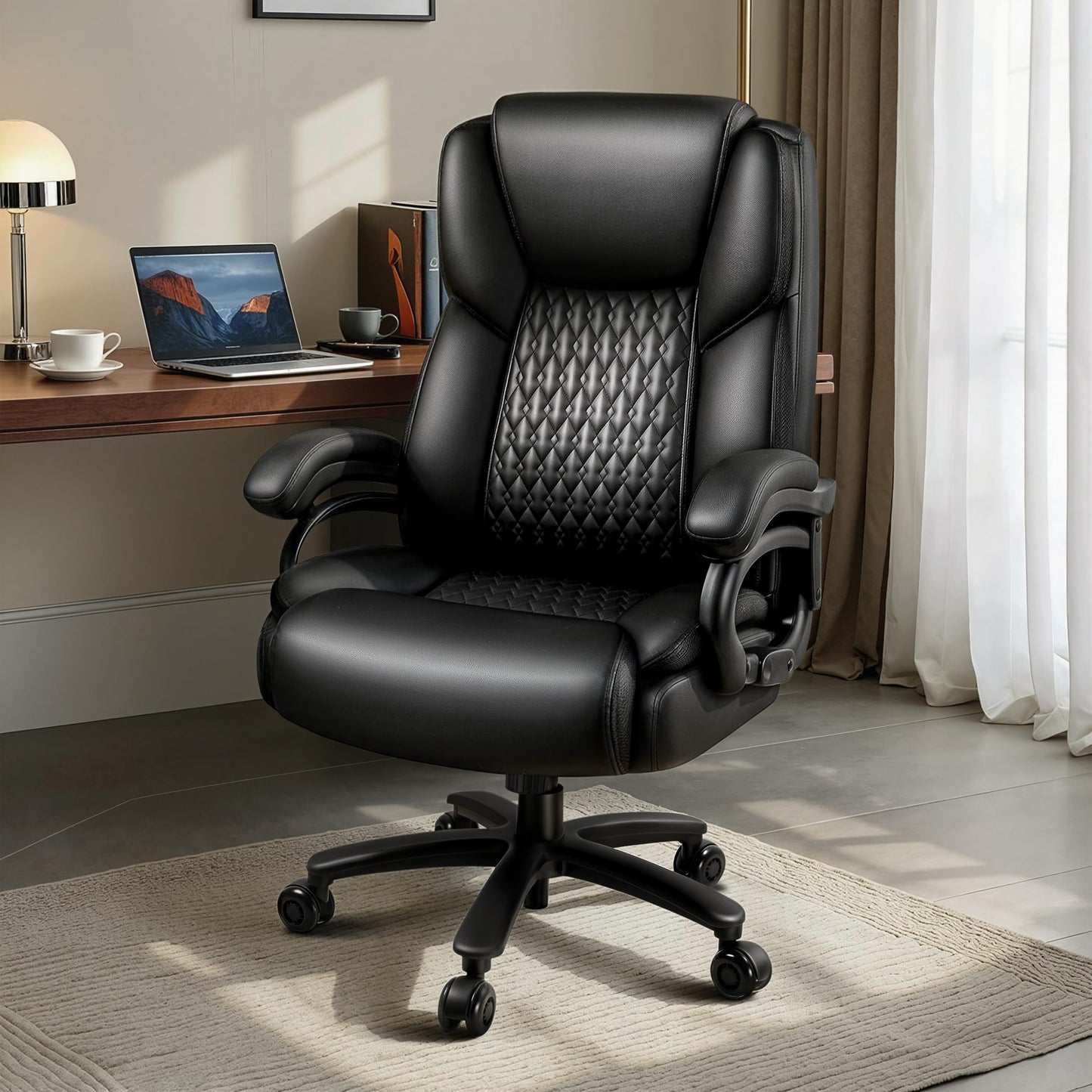 Big and Tall Office Chair 500lbs, Heavy Duty Executive Office Leather Chair for Heavy People, High Back Ergonomic Office Chair with Lumbar Support & Quiet Rubber Wheels, Extra Padded Seat, Black