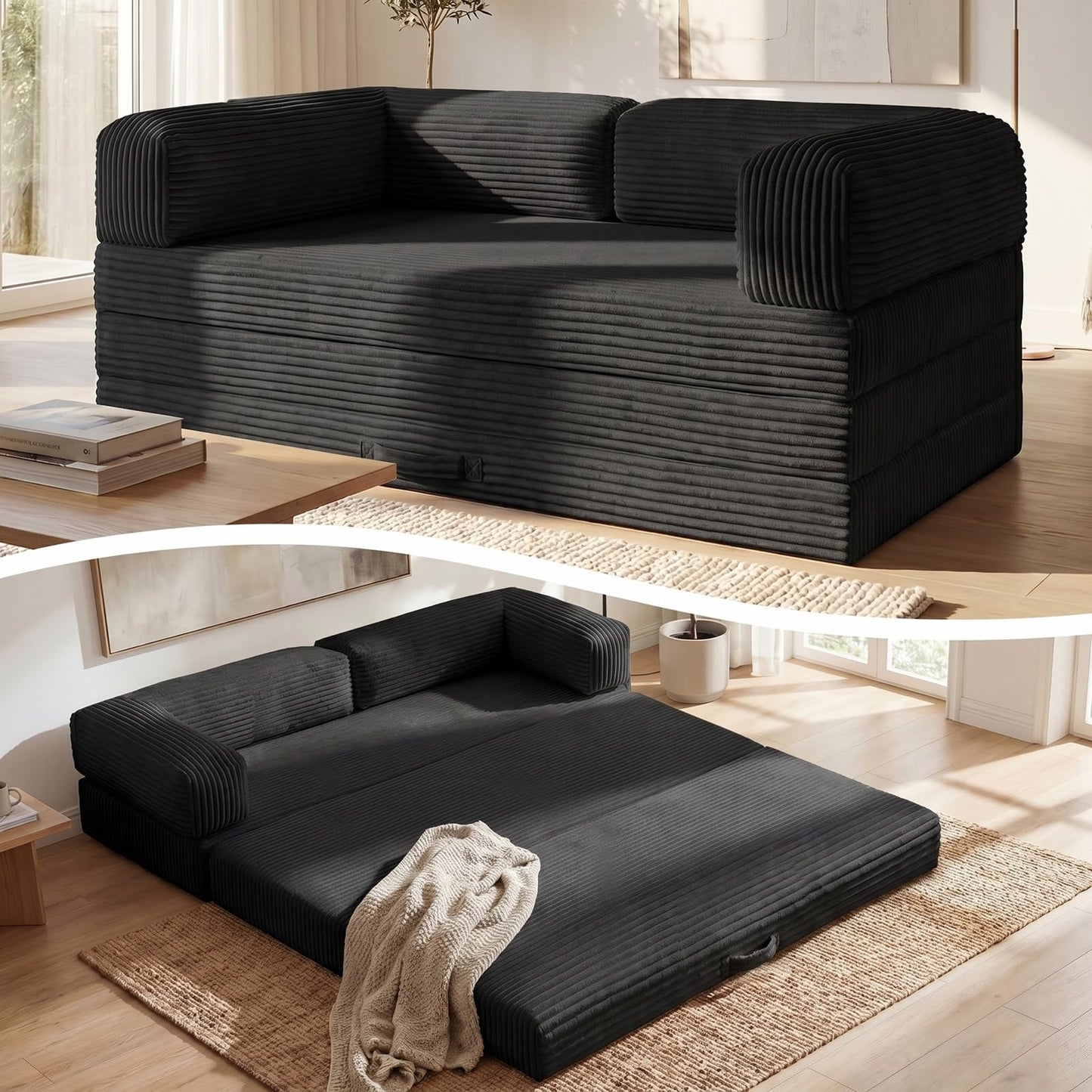 Erament Convertible Sofa Bed, Tri-Folding Mattress Queen Futon Couch Bed, Boneless Sleeper Couch Bed with Removable Armrests & Washable Cover for Guest Room, Living Room, Queen, Black