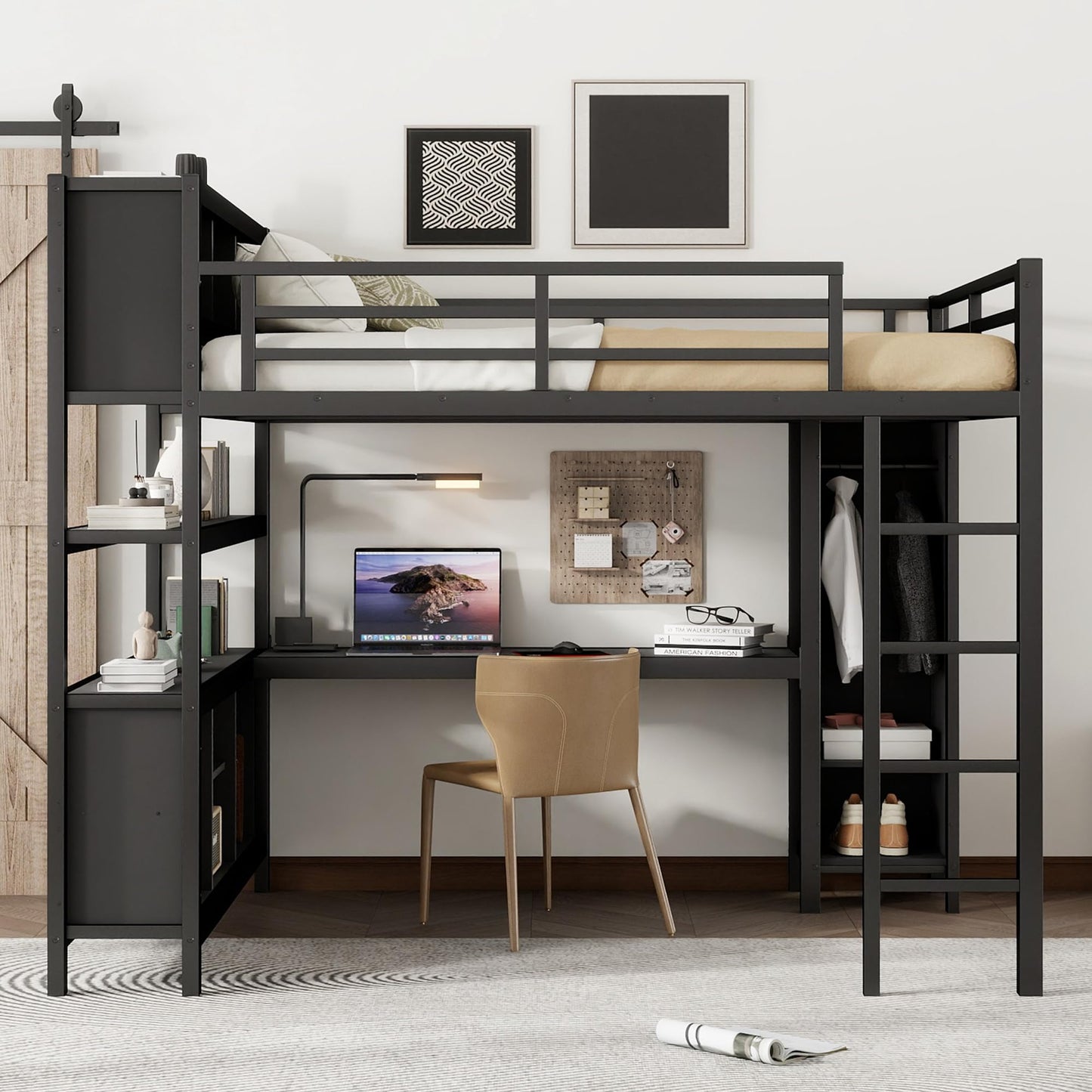 Queen Loft Bed Frame with Wardrobe and Storage Cubes, Queen Size Loft Bed with Desk and Storage Shelf, Heavy Duty Loft Beds with Guardrail, Noise Free Design, Adult Loft Bed Frame, Black
