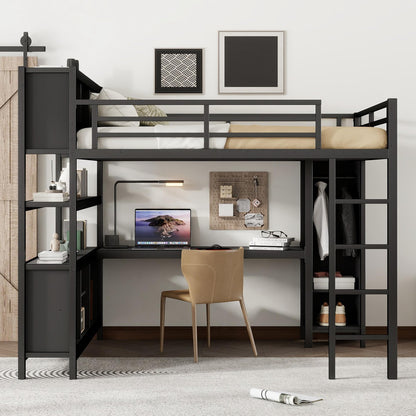 Queen Loft Bed Frame with Wardrobe and Storage Cubes, Queen Size Loft Bed with Desk and Storage Shelf, Heavy Duty Loft Beds with Guardrail, Noise Free Design, Adult Loft Bed Frame, Black