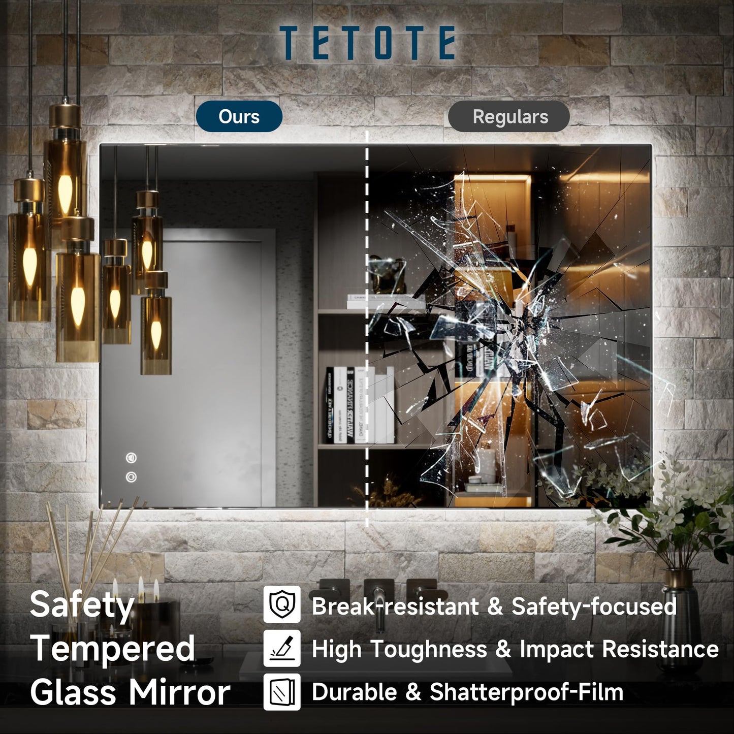 TETOTE 48 x 24 Inch LED Backlit Mirror Bathroom with Light,Anti-Fog,Dimmable,CRI90+,Makeup Vanity Mirror,Lighted Mirror(Horizontal/Vertical)