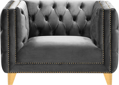 Meridian Furniture 652Grey-C Michelle Collection Modern | Contemporary Chair with Deep Button Tufting, Gold Nailhead Trim and Sturdy Gold Iron Legs, Grey Velvet, 44" W x 34" D x 30" H