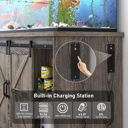 Hlivelood Farmhouse 75-120 Gallon Fish Tank Stand with Power Outlet, Aquarium Stand w/Cabinet&Sliding Barn Door, Heavy Duty Reptile Tank Stand for Fish/Turtle/Reptile Terrarium, 1000LB Capacity, Grey