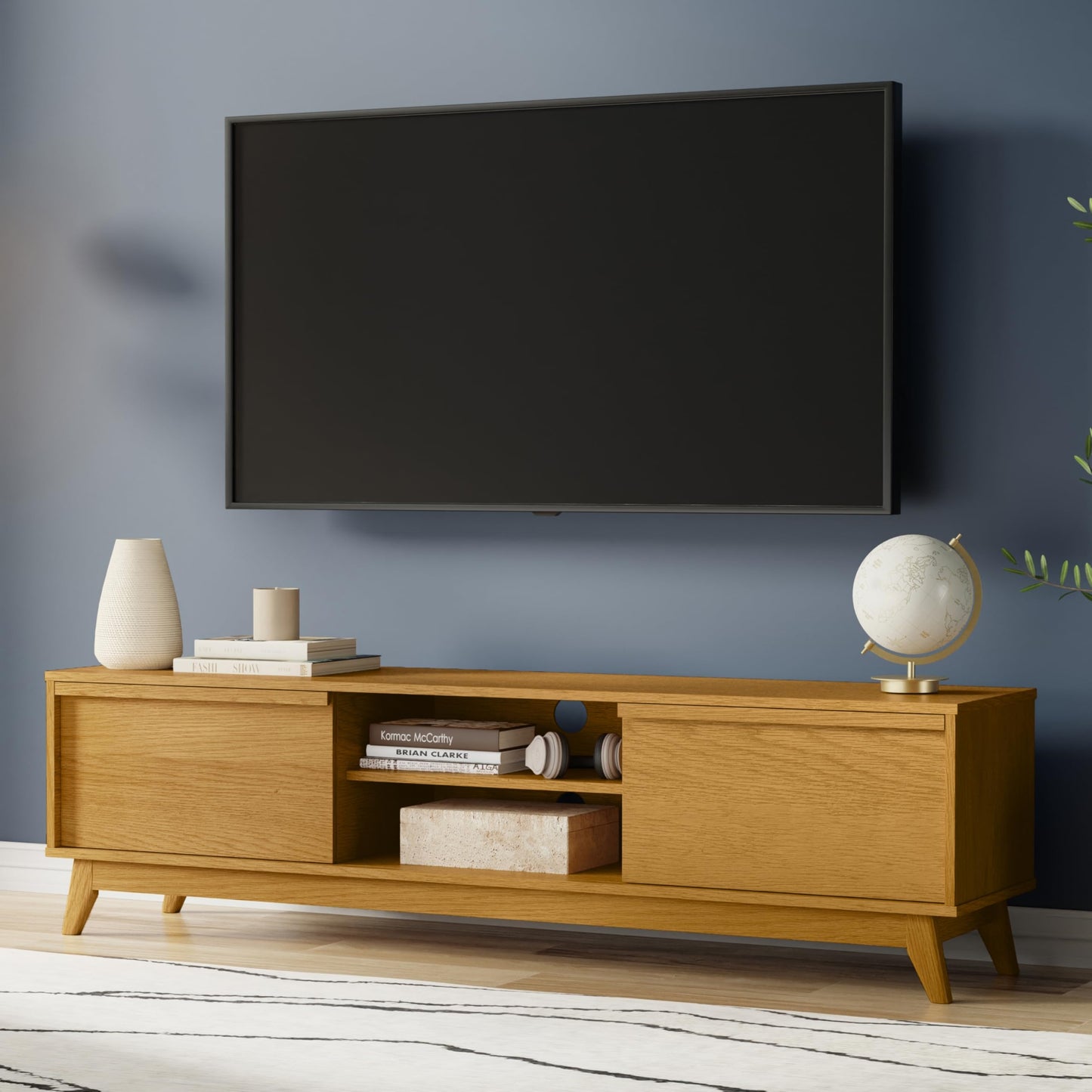 SIMPLIHOME Lennon TV Stand - 72 inch Wide Solid Wood Low Media Console in Oak Veneer, Mid Century Modern Entertainment Center for Living Room for TVs up to 80 Inches with Shelves and Cable Management