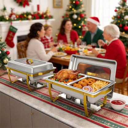 EffiQ-Rate Chafing Dishes for Buffet, 2-Pack Hot Cold Food Warmer with Glass Lid, 9QT Large Capacity Stainless Steel Buffet Servers, Complete Set with Utensils for Catering Party Wedding Outdoor