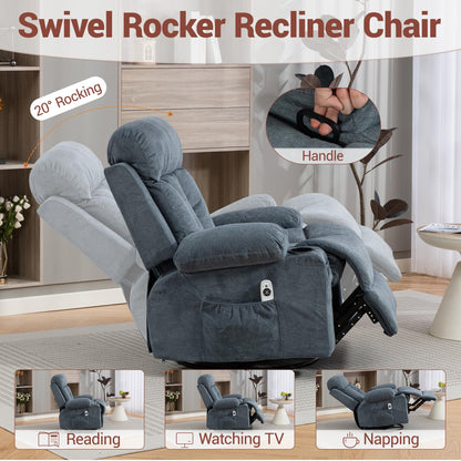 WiNVO 360° Swivel Rocking Chair, Rocker Recliner Chair with Vibration Massage and Heat, Ergonomic Lounge Chairs with Rocking Function and Side Pocket, Cup Holders, Blue