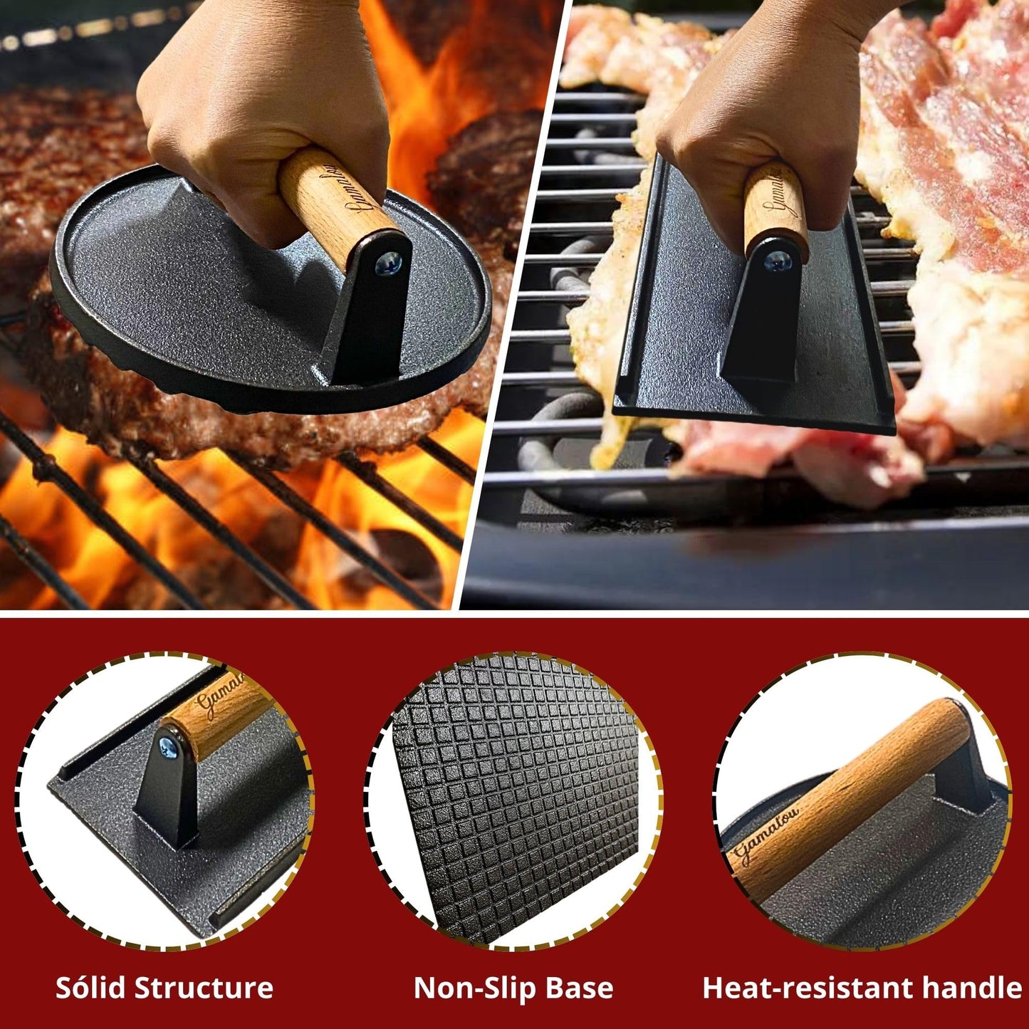 Gamalou® Smashed Burger Press BBQ Kit: 7" Black Round & 8.2x4.3 Rectangle Cast Iron Bacon Press, 3 in 1 Patty Maker, Spatula 6x5, Burger Press Griddle Set for Blackstone, Traeger, Grills, Fry Pan