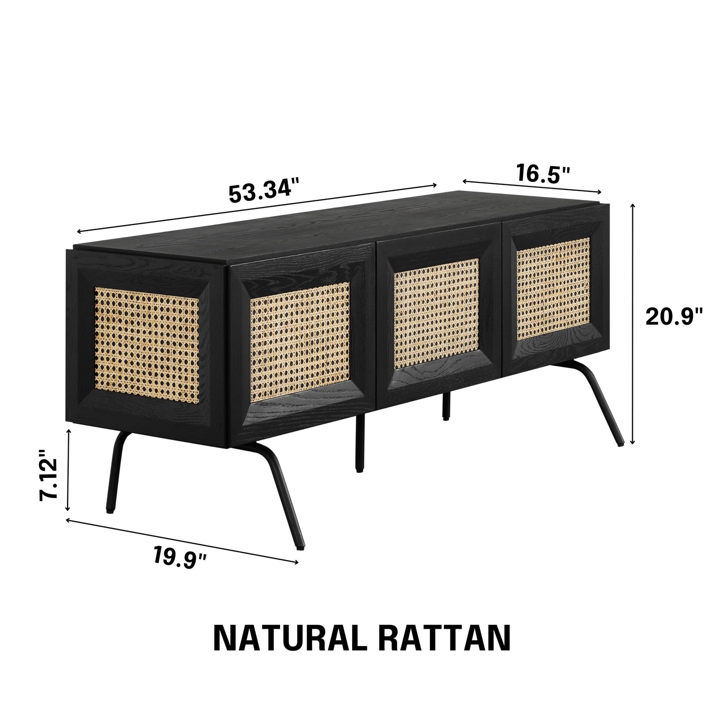 NTC Mossic TV Media Cabinet with 3 Doors for TVs, Entertainment Center with Natural Rattan, Metal Legs, Modern Storage Console for Living Room and Bedroom, Effortless Assembly, Burnt Black