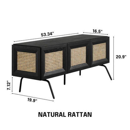 NTC Mossic TV Media Cabinet with 3 Doors for TVs, Entertainment Center with Natural Rattan, Metal Legs, Modern Storage Console for Living Room and Bedroom, Effortless Assembly, Burnt Black
