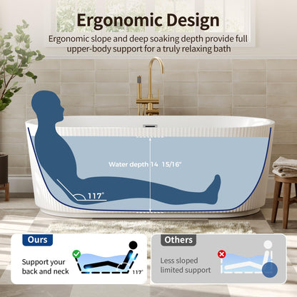 DeerValley 67" Acrylic Freestanding Bathtub, Easy Install Standalone Deep Soaking Tub with Fluted Design, Modern Ergonomic Shower Tub with Center Drain in White, DV-1T0583