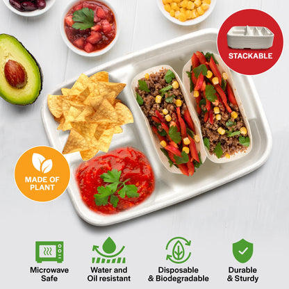 White Disposable Taco Plates for 2 Tacos & 2 Sides – 25 PACK | Premium Paper Plates with Dividers, Fiesta Taco Holder, Taco Stand for Taco Tuesday & Taco Bar Serving Set Taco Plates (25 Plates)