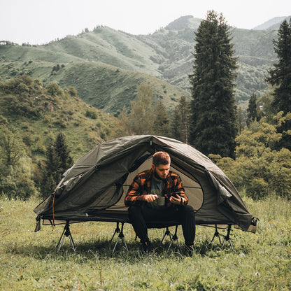 Night Cat Camping Cot Tent with Self-Inflatable Camping Pillow 1-Person Off-Ground Combo Cot Bed for Adults Portable Easy Set-up Tent