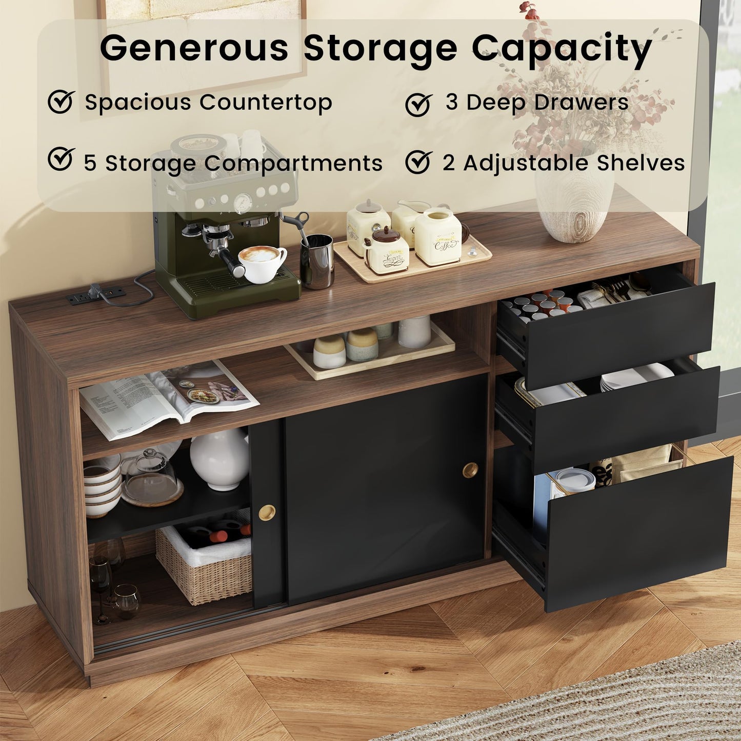 ModernMate 60" File Cabinet with 3 Drawer, Large Storage Sideboard, Filing Cabinet with Built-in Outlet and Adjustable Shelf for Living Room Study Home Office, 15.4" D x 60.2" W x 31.5" H