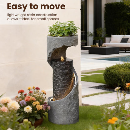 Tankana 35.5" H Water Fountain with Planter, Modern Spiral Waterfall for Outdoor and Indoor, Bubbling Garden Fountain with LED Light for Patio, Deck, and Living Room Corner