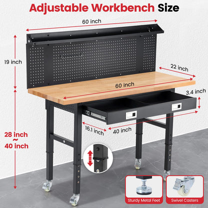 ENJOYWOOD Work Bench with Wheels 60 x 22 Inch Heavy Duty Rubberwood Tabletop Work Table Adjustable Height Garage Workbench with LED, Drawers, Pegboard, Power Outlets for Woodworking Shop, Home, Office