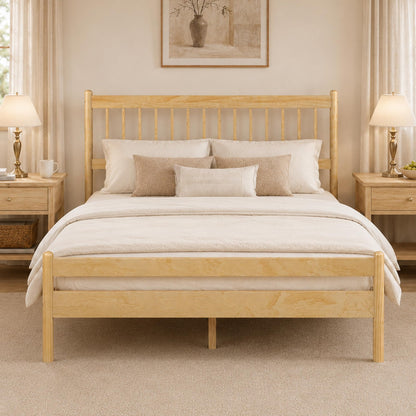 KEIKI Queen Size Bedframe with Headboard and Footboard, Pinewood Bed with Strengthened Bed Frame for Living Room, Bed Room, Natural