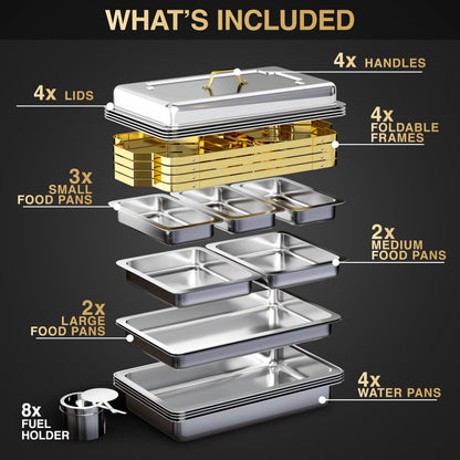 Gold Chafing Dishes for Buffet 4 Pack (7 Pans + Utensils) - 9QT Stainless Steel Chafing Dish Buffet Set - Food Warmers for Parties Buffet - Buffet Servers and Warmers (4 PACK + 7 PANS + 7 UTENSILS)