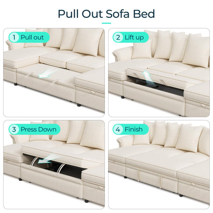 LINSY HOME Oversized Sectional Sleeper Sofa with Pull Out Couch Bed (Beige, 118.5'')